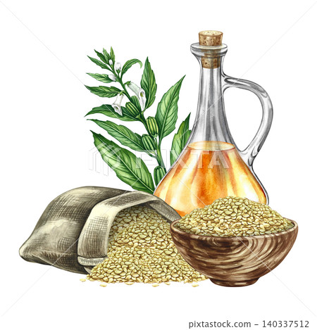 Sesame oil. Hand-drawn watercolor illustration. White sesame seeds in a burlap bag and wooden bowl, a sesame stalk with leaves, pods, and flowers, and a glass bottle of oil. 140337512