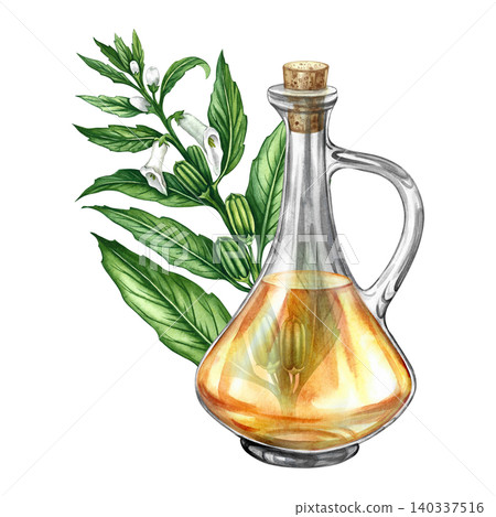 Sesame oil in a glass bottle. Hand-drawn watercolor illustration. Sesame stalk with leaves, pods, and flowers. Perfect for creating labels, packaging, posters, banners, menus, and more. 140337516
