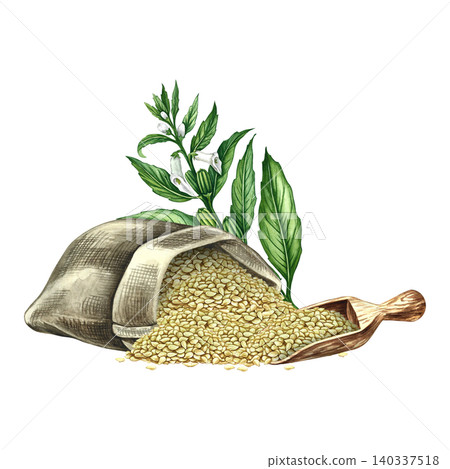 White sesame seeds in burlap and wooden scoop, sesame stalk with leaves, pods, and flowers. Hand-drawn watercolor illustration. Perfect for labels, packaging, posters, banners, menus, and more White sesame seeds in burlap and wooden scoop, sesame stalk with leaves, pods, and flowers. Hand-drawn watercolor illustration. Perfect for labels, packaging, posters, banners, menus, and more 140337518
