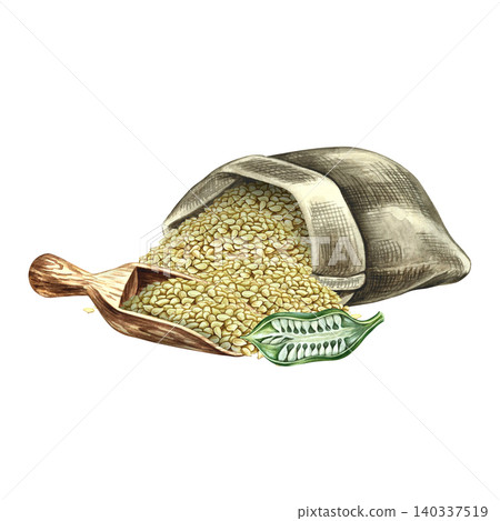 White sesame seeds in a burlap bag and scoop, sesame pod in section. Hand-drawn watercolor illustration. Separate from background. Perfect for creating labels, packaging, posters, menus, and more. White sesame seeds in a burlap bag and scoop, sesame pod in section. Hand-drawn watercolor illustration. Separate from background. Perfect for creating labels, packaging, posters, menus, and more. 140337519