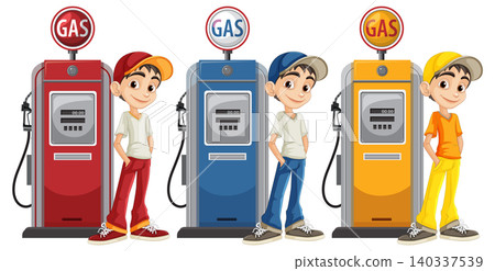 Boys Standing Beside Colorful Gas Pumps Vector Illustration 140337539