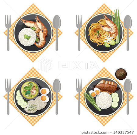 Top View of Four Traditional Asian Meals on Plates Top View of Four Traditional Asian Meals on Plates 140337547