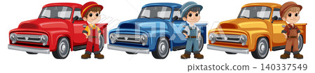 Cartoon Mechanics Standing Beside Colorful Vintage Pickup Trucks Cartoon Mechanics Standing Beside Colorful Vintage Pickup Trucks 140337549