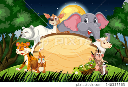 Cartoon Forest Animals Gathered Around Wooden Sign at Night Cartoon Forest Animals Gathered Around Wooden Sign at Night 140337563