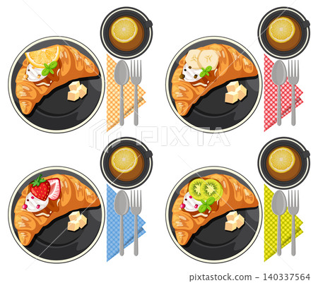 Breakfast Croissants with Fruit and Tea on Colorful Table Settings Breakfast Croissants with Fruit and Tea on Colorful Table Settings 140337564