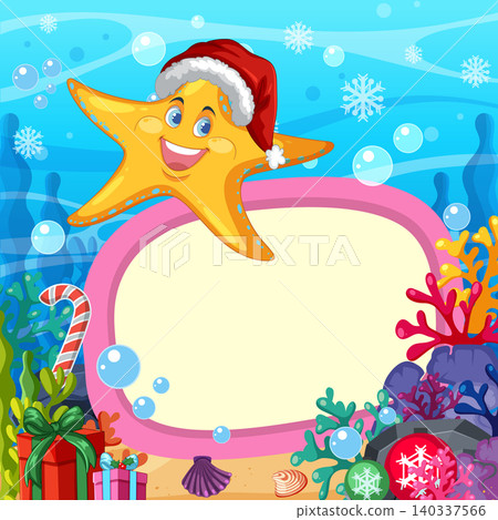 Cartoon Starfish Wearing Santa Hat with Blank Christmas Message Frame 140337566