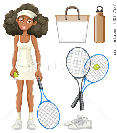 Female Tennis Player with Equipment and Accessories Vector Illustration Female Tennis Player with Equipment and Accessories Vector Illustration 140337587