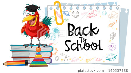 Cartoon Bird Character Standing on Books with Back to School Text Cartoon Bird Character Standing on Books with Back to School Text 140337588