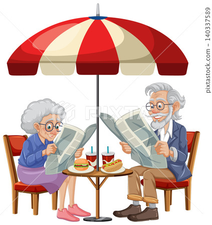 Elderly Couple Reading Newspapers at Outdoor Cafe Table Elderly Couple Reading Newspapers at Outdoor Cafe Table 140337589