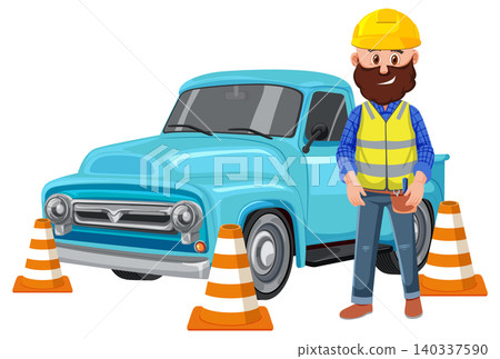 Construction Worker Standing by Blue Pickup Truck and Traffic Cones 140337590