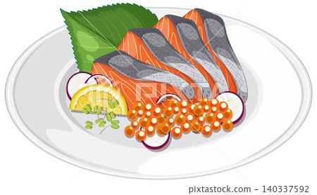 Elegant Salmon Sashimi with Garnishes Illustration Elegant Salmon Sashimi with Garnishes Illustration 140337592