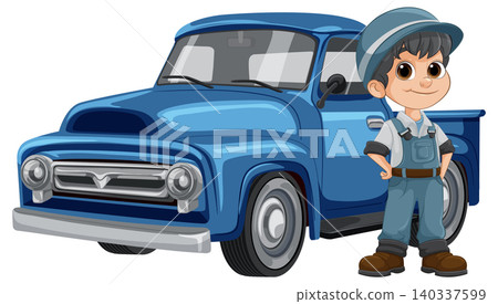 Young Mechanic Standing Proudly Beside Classic Blue Pickup Truck Young Mechanic Standing Proudly Beside Classic Blue Pickup Truck 140337599