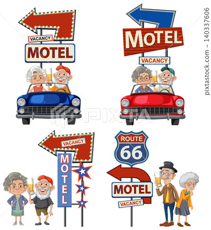 Senior Couples on Road Trip with Vintage Motel Signs Senior Couples on Road Trip with Vintage Motel Signs 140337606