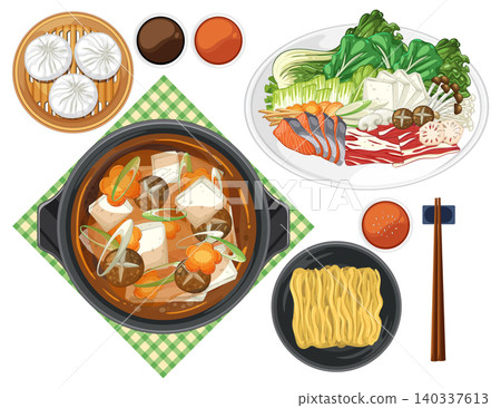 Japanese Hot Pot with Vegetables, Tofu, and Side Dishes Japanese Hot Pot with Vegetables, Tofu, and Side Dishes 140337613