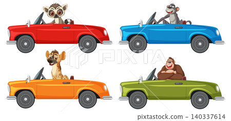Cartoon Wild Animals Driving Colorful Convertible Cars Cartoon Wild Animals Driving Colorful Convertible Cars 140337614