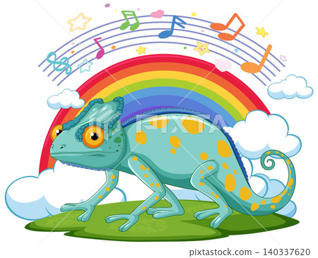 Cartoon Chameleon Standing on Grass with Rainbow and Musical Notes Cartoon Chameleon Standing on Grass with Rainbow and Musical Notes 140337620