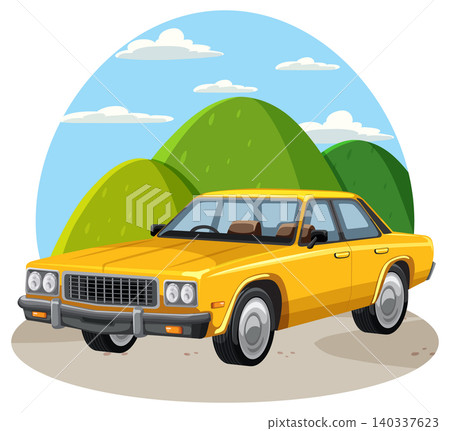 Yellow Classic Sedan Parked in Scenic Countryside Yellow Classic Sedan Parked in Scenic Countryside 140337623
