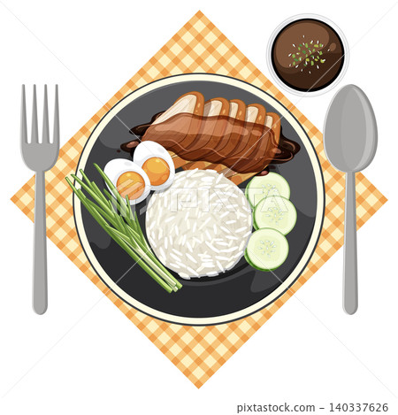 Sliced Pork with Rice and Vegetables on Plate Sliced Pork with Rice and Vegetables on Plate 140337626
