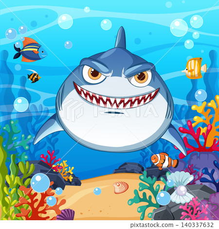 Cartoon Great White Shark Swimming in a Vibrant Coral Reef 140337632