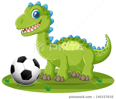 Cute Green Cartoon Dinosaur Standing Next to a Soccer Ball Cute Green Cartoon Dinosaur Standing Next to a Soccer Ball 140337638