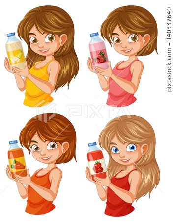 Girls Holding Bottled Fruit Juice in Cartoon Vector Style Girls Holding Bottled Fruit Juice in Cartoon Vector Style 140337640