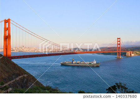 Cargo ship crossing San Francisco Bay near Golden Gate Bridge Cargo ship crossing San Francisco Bay near Golden Gate Bridge 140337680