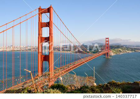 Golden Gate Bridge full span over San Francisco Bay from Marin overlook 140337717