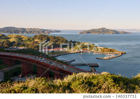 San Francisco Bay overlook with bridge roadway and coastal islands San Francisco Bay overlook with bridge roadway and coastal islands 140337731