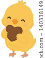 Adorable chick holding a heart-shaped chocolate treat, celebrating World Chocolate Day with sweetness and joy.  140338149