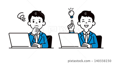 A set of vector illustrations of the upper body of a young man/businessman doing desk work, resolving a problem. A set of vector illustrations of the upper body of a young man/businessman doing desk work, resolving a problem. 140338150