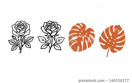 Rose Flowers and Monstera Leaves Vector Set 140338177