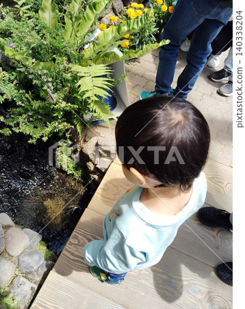 A boy peering into a stream flowing at an insectarium. A boy peering into a stream flowing at an insectarium. 140338204