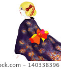 金髮女子身穿浴衣的插圖。描繪的是外國遊客體驗和服或參加夏季祭典的場景。透明PNG背景。 140338396