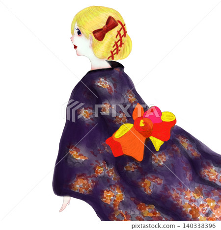 金髮女子身穿浴衣的插圖。描繪的是外國遊客體驗和服或參加夏季祭典的場景。透明PNG背景。 140338396
