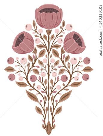 Vector geometric floral composition. Decorative flat illustration of poppies and cranberries. Folk art blooming wildflowers. Vector geometric floral composition. Decorative flat illustration of poppies and cranberries. Folk art blooming wildflowers. 140339102