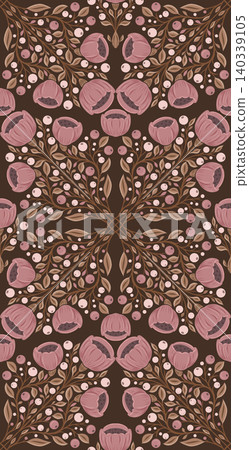 Vector tracery floral kaleidoscope pattern. Decorative ornament of bouquets of poppies on dark background. Folk art blooming wildflowers texture Vector tracery floral kaleidoscope pattern. Decorative ornament of bouquets of poppies on dark background. Folk art blooming wildflowers texture 140339105