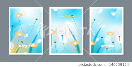 Set of Mother's Day greeting card templates with abstract blue background, blurry bokeh light, soft yellow flowers, and fresh green grass. Vector illustration for spring or summer posters. 140339134
