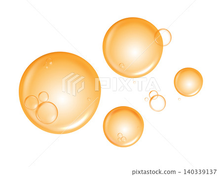 Golden collagen serum drops and vitamin C oil bubbles isolated on white background. Vector realistic orange liquid gel texture elements for cosmetic, skincare, or medicine product design. Golden collagen serum drops and vitamin C oil bubbles isolated on white background. Vector realistic orange liquid gel texture elements for cosmetic, skincare, or medicine product design. 140339137