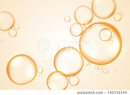 Abstract golden serum bubbles background with copy space. Vector realistic orange oil drops, vitamin C liquid gel texture, and collagen essence pearls for cosmetic banner or skincare ad design. Abstract golden serum bubbles background with copy space. Vector realistic orange oil drops, vitamin C liquid gel texture, and collagen essence pearls for cosmetic banner or skincare ad design. 140339144