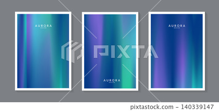 Aurora borealis greeting card template set, abstract northern lights neon color gradient background, dark blue purple green polar light elegant minimal poster banner vector illustration design. Aurora borealis greeting card template set, abstract northern lights neon color gradient background, dark blue purple green polar light elegant minimal poster banner vector illustration design. 140339147
