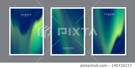 Aurora borealis vector background set. Abstract northern lights gradient posters layout with deep blue and green blurred neon wavy stripes. Trendy fluid liquid texture cosmic cover design. 140339157