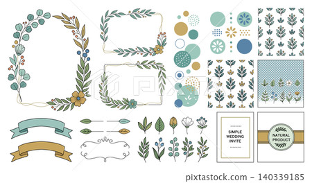 A set of illustration materials featuring Scandinavian-style plant frames and ribbon seamless patterns (with transparent background). A set of illustration materials featuring Scandinavian-style plant frames and ribbon seamless patterns (with transparent background). 140339185