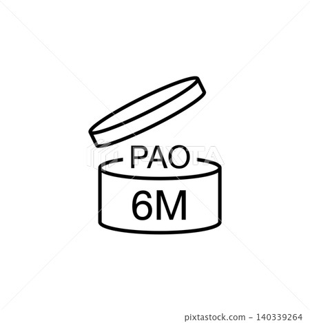 A standard packaging line icon of an open cosmetic jar with a "PAO 6M" expiration symbol, indicating the product's lifespan after opening. Essential for compliance and labeling. A standard packaging line icon of an open cosmetic jar with a "PAO 6M" expiration symbol, indicating the product's lifespan after opening. Essential for compliance and labeling. 140339264