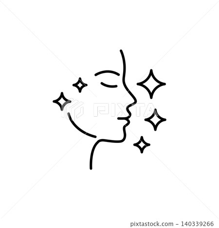 A beautiful line icon featuring a clean face profile accented with sparkles and stars, indicating skin brightening, radiance, and instant glow. A beautiful line icon featuring a clean face profile accented with sparkles and stars, indicating skin brightening, radiance, and instant glow. 140339266
