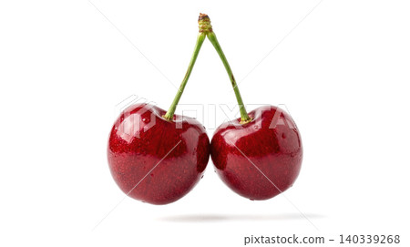 Two fresh red cherries connected green stem isolated plain white background delicious sweet summer fruit healthy organic raw vegetarian diet berry nutrition Two fresh red cherries connected green stem isolated plain white background delicious sweet summer fruit healthy organic raw vegetarian diet berry nutrition 140339268