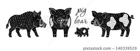 Object black cute pig set. Hand drawn. Not AI, vector illustration. 140339529