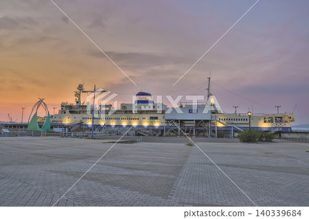 April 26 2026 Toyokawa Pier ferry docked at Hakodate port sunset 140339684