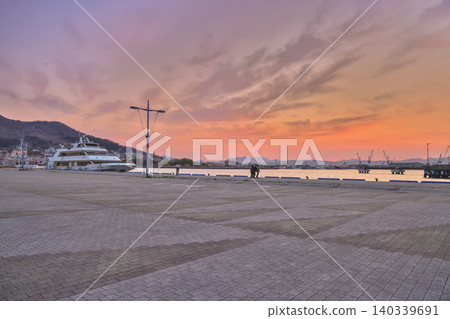 April 26 2026 Toyokawa Pier ferry docked at Hakodate port sunset 140339691