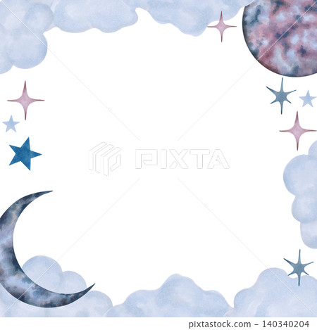 Square frame with celestial motifs: a full moon, crescent moon, star, cloud. Watercolor illustration of cosmic airy elements. Hand drawn, isolated. Children cartoon background for invitations, card 140340204