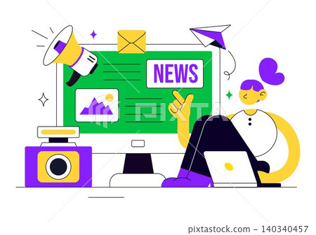 News Vector Illustration Featuring Breaking News Broadcast, Digital Journalism, Media Reporting, Press Coverage, and Information Communication 140340457